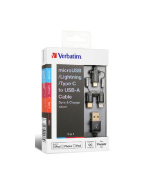 Buy Verbatim 120cm 3-in-1 microUSB / Lightning / Type C to USB-A Cable in Black 65385